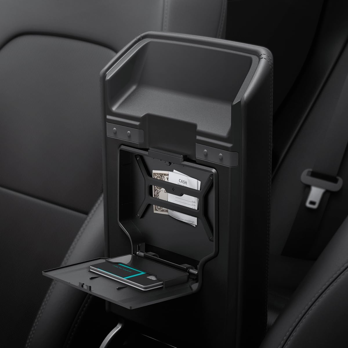 Spigen One-Tap Hidden Storage Box – Carbon Edition Console Organizer for Tesla Model Y (2025/2026 Juniper) & Model 3 (2024/2025 Highland) - TARHUS