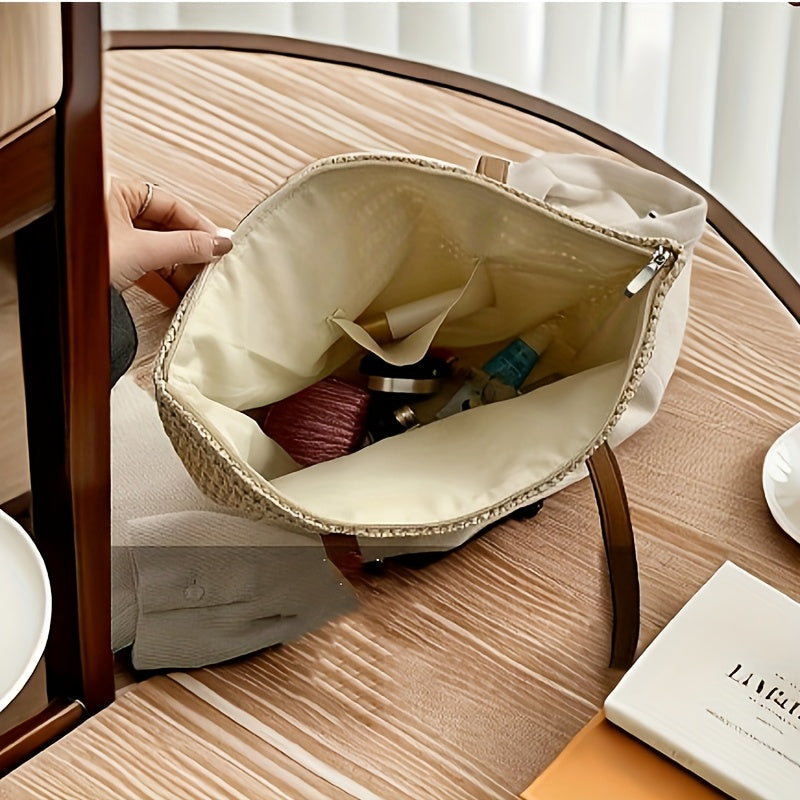 Large-Capacity Woven Handbag - Chic Beige Straw Handbag with Brown Handles, Zipper Closure, And Polyester Lining for Beach, Shopping, And Everyday Use, Beach Bag TARHUS