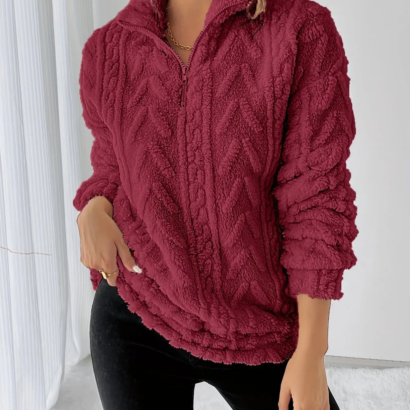 Women’s Fleece Zip-Up Sweatshirt – Long Sleeve Lapel Collar Pullover with Fluffy Texture - TARHUS