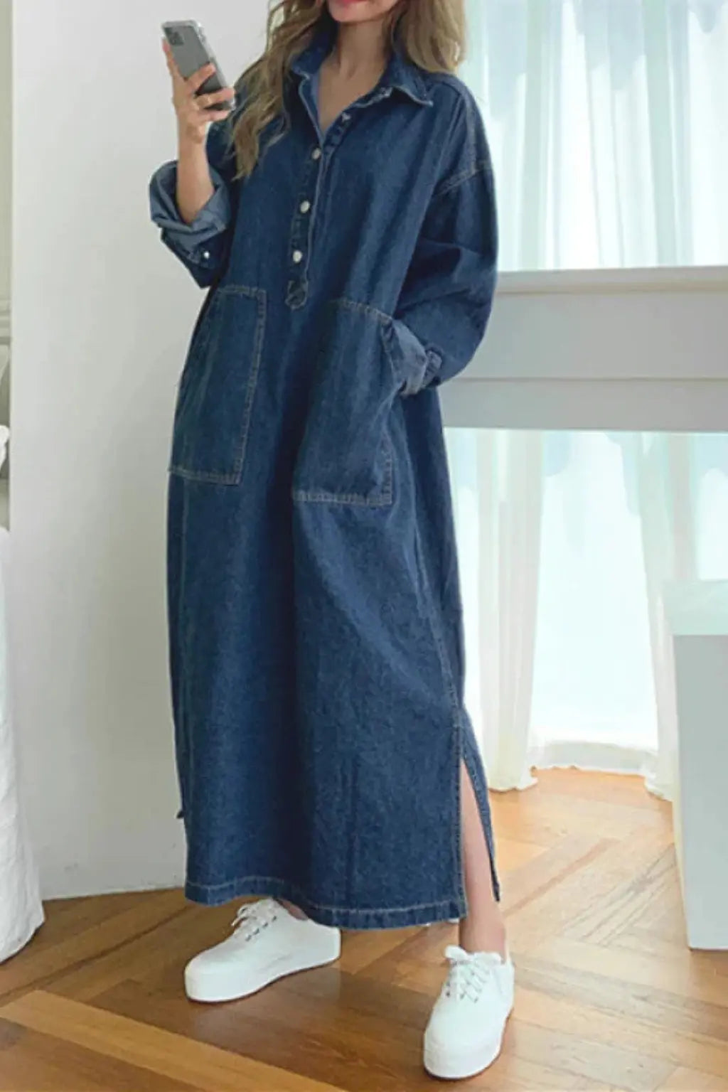 Margot | Women Oversized Long Sleeve Collared Denim Maxi Dress with Pockets TARHUS