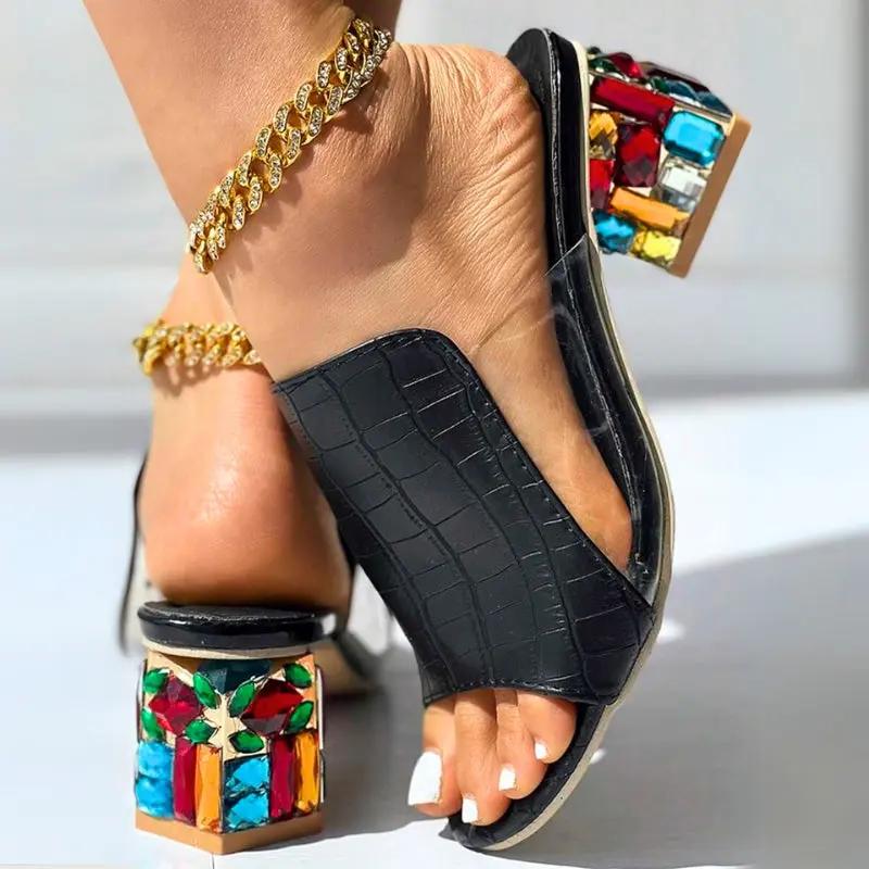 Gemure Crystal Block Heel Sandals - Chic Summer Sandals with Colorful Gem Heel - TARHUS