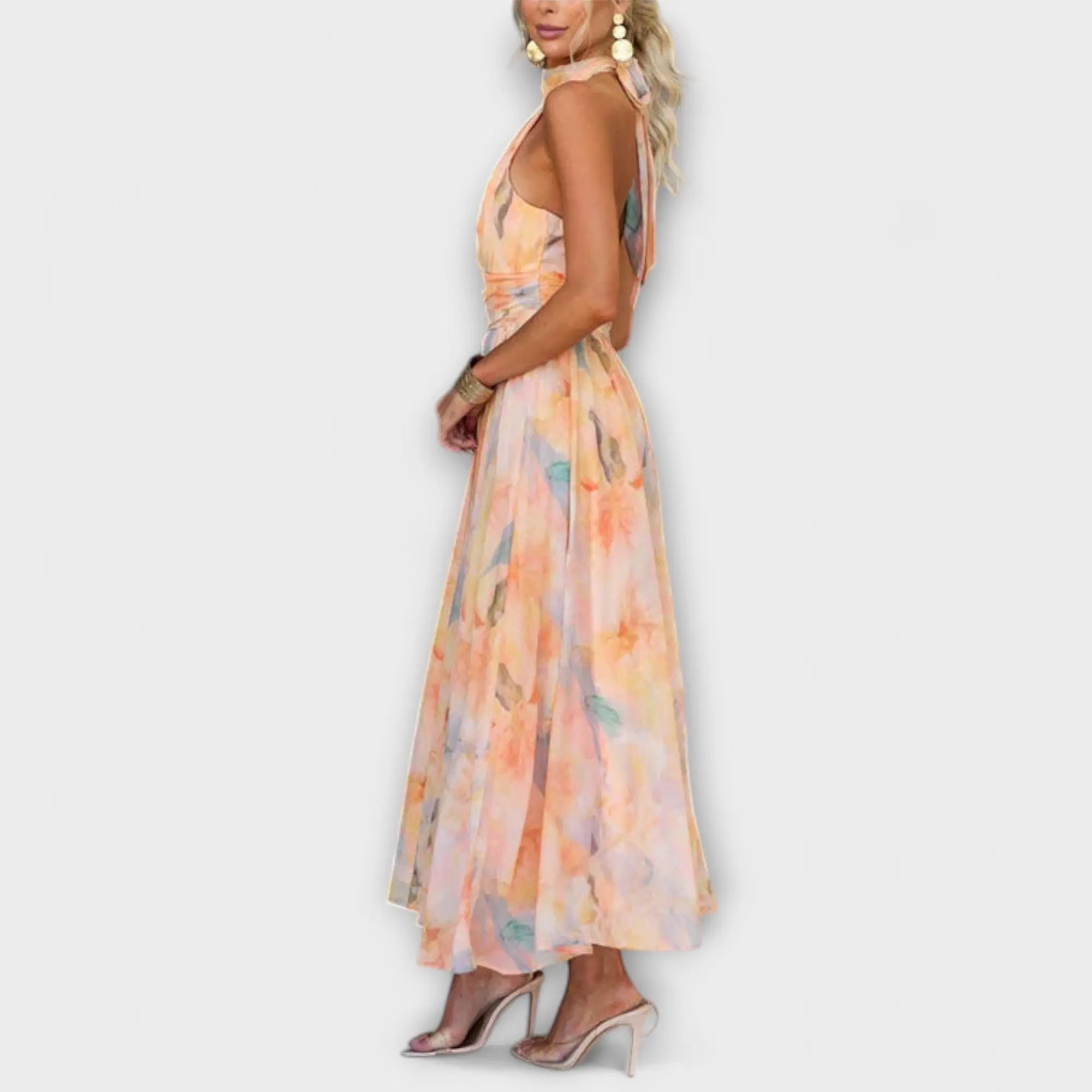 Neck Open Back Waist Watercolour Print Maxi Dress - TARHUS