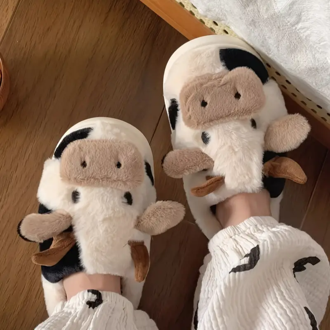 Fuzzy Cow Slippers – Soft Indoor Animal Slippers | Cozy Plush House Shoes - TARHUS