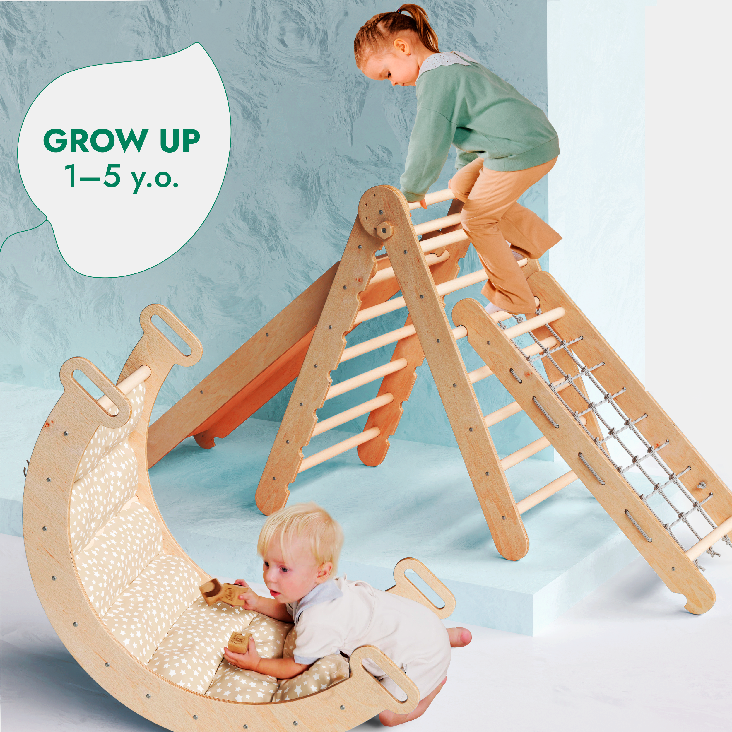 5in1 Montessori Climbing Frame: Pikler Triangle + Arch/Rocker + Slide Board/Ramp + Netting rope + Cushion - TARHUS