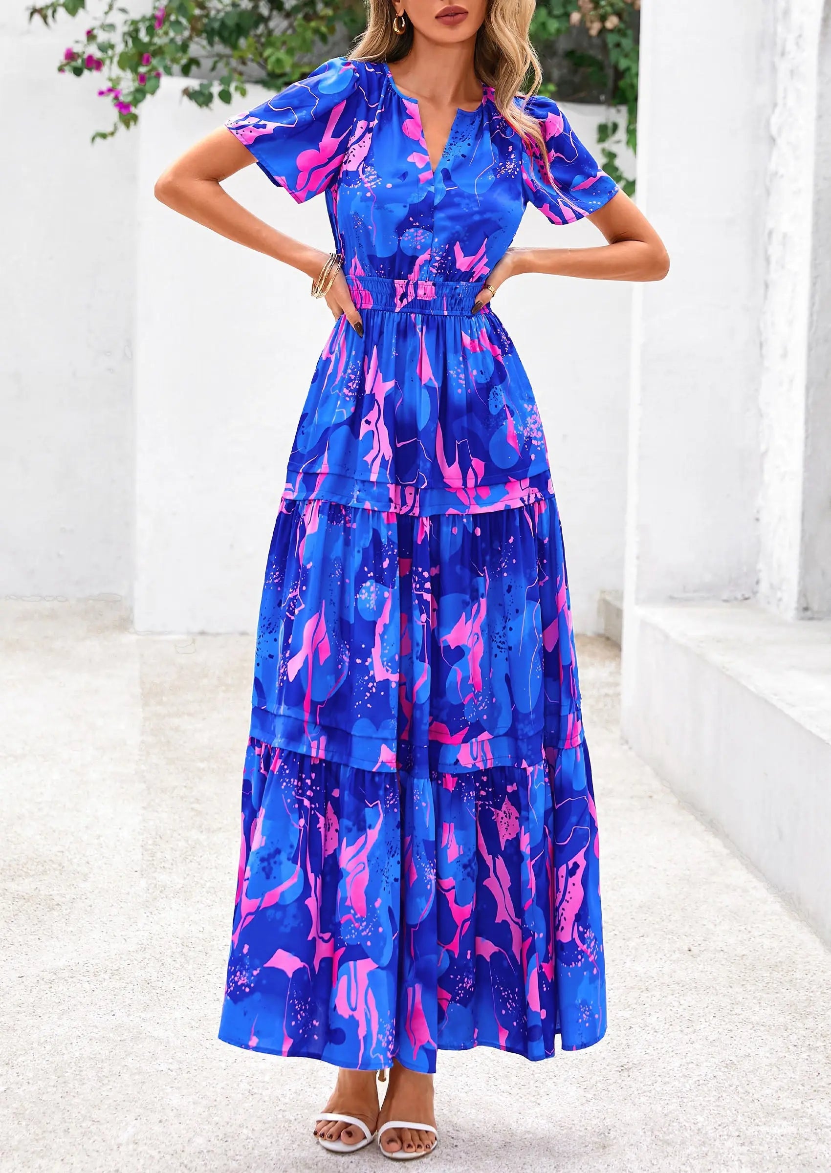 Boho Floral Short Sleeve V Neck A Line Tiered Ruffle Flowy Long Beach Vacation Maxi Dresses - TARHUS
