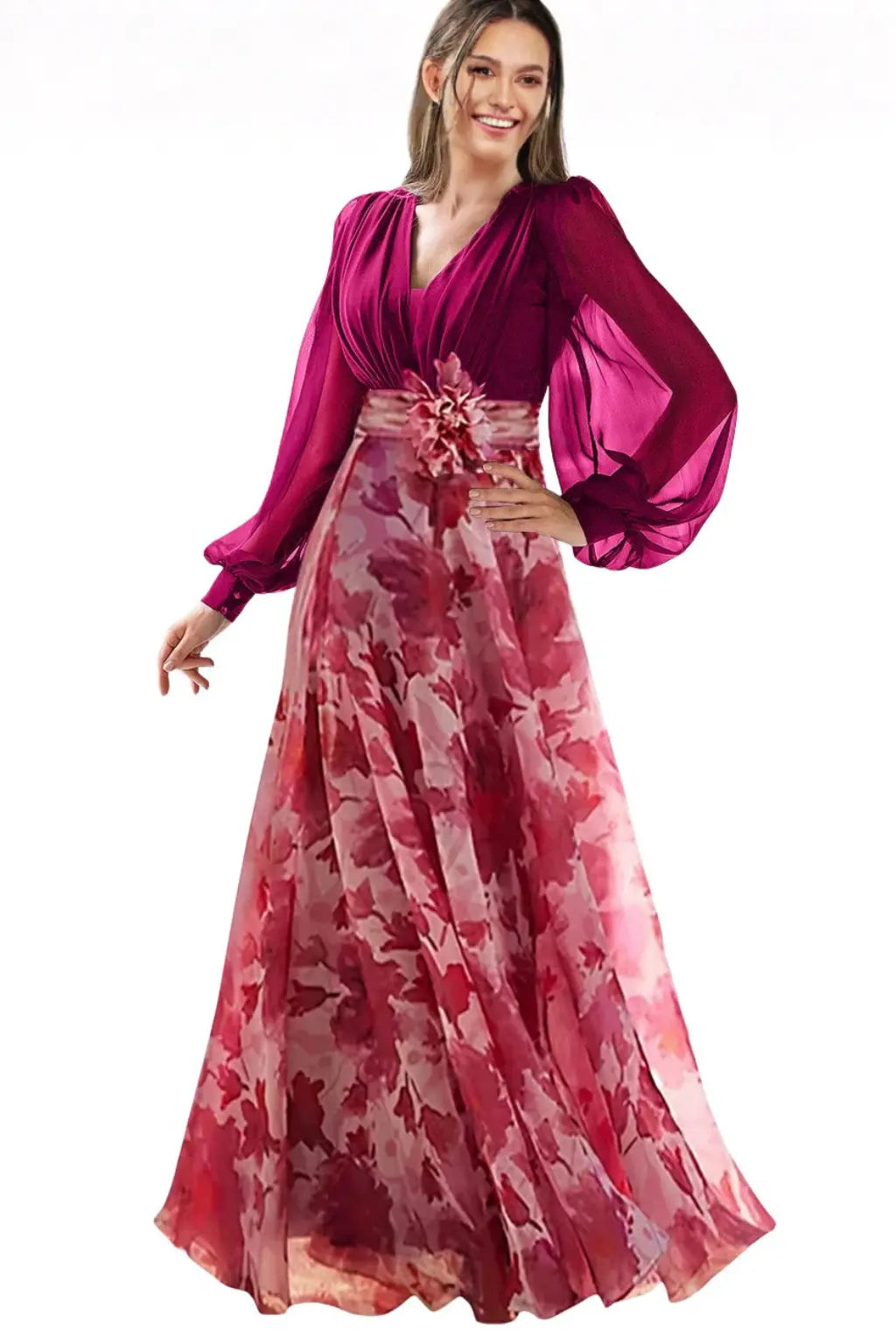 Valentina | Women V Neck Balloon Sleeve Floral Print Maxi Wedding Guest Dress TARHUS Mother of the Bride Dresses
