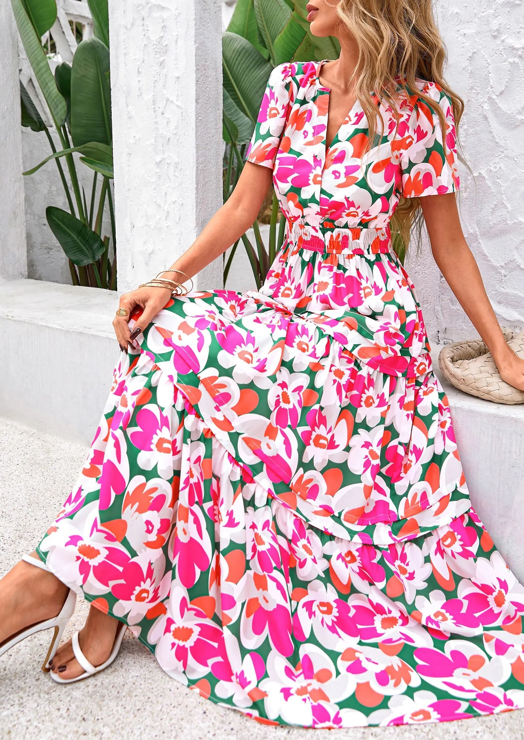 Boho Floral Short Sleeve V Neck A Line Tiered Ruffle Flowy Long Beach Vacation Maxi Dresses - TARHUS