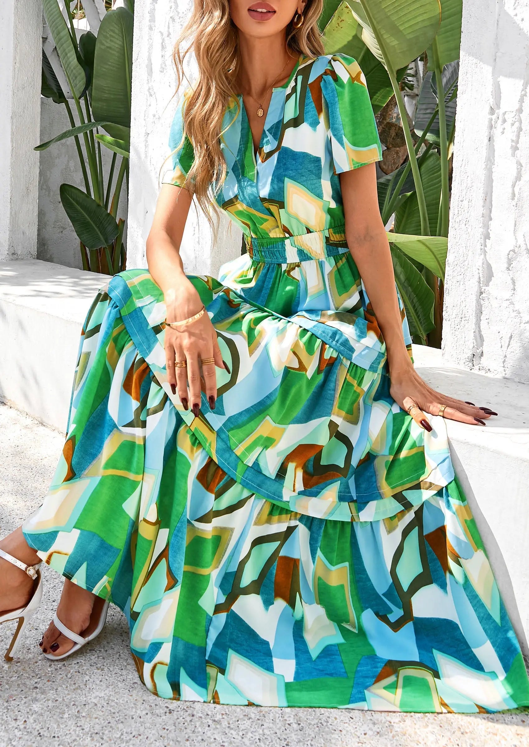 Boho Floral Short Sleeve V Neck A Line Tiered Ruffle Flowy Long Beach Vacation Maxi Dresses - TARHUS