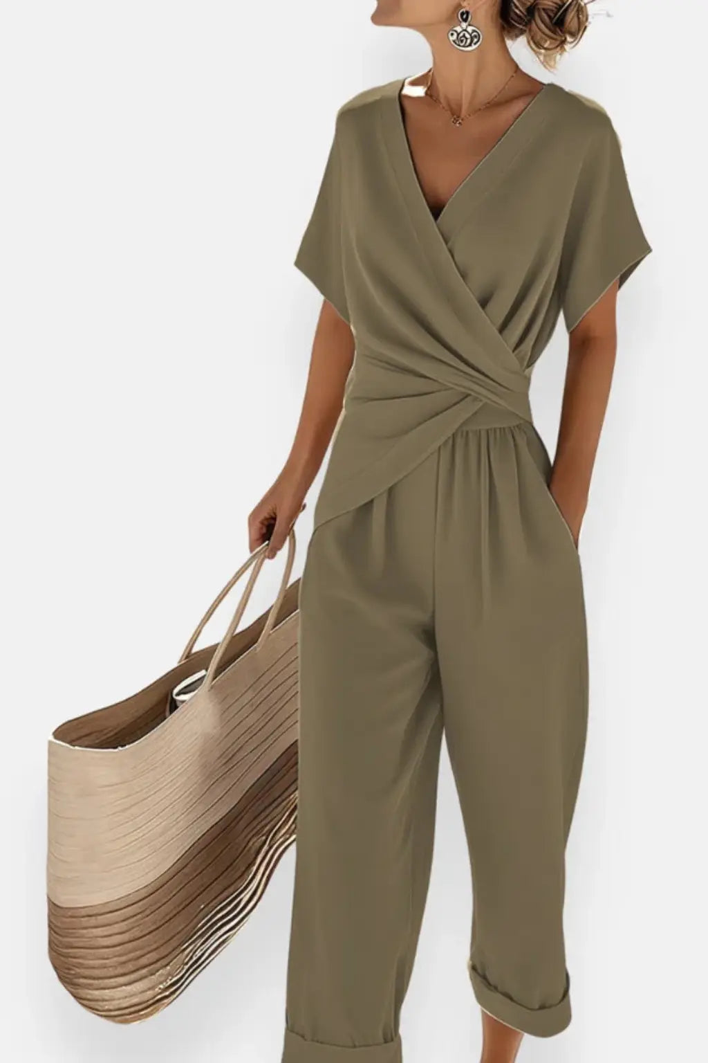 Celeste | Women Wrap Front Short Sleeve Cropped Jumpsuit with Pockets TARHUS Kleider & Jumpsuits