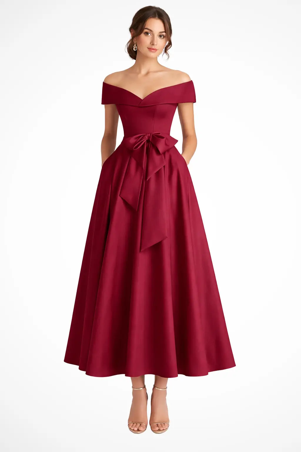 Arabella | Women Off Shoulder Bow Waist A Line Midi Wedding Guest Dress TARHUS Mother of the Bride Dresses