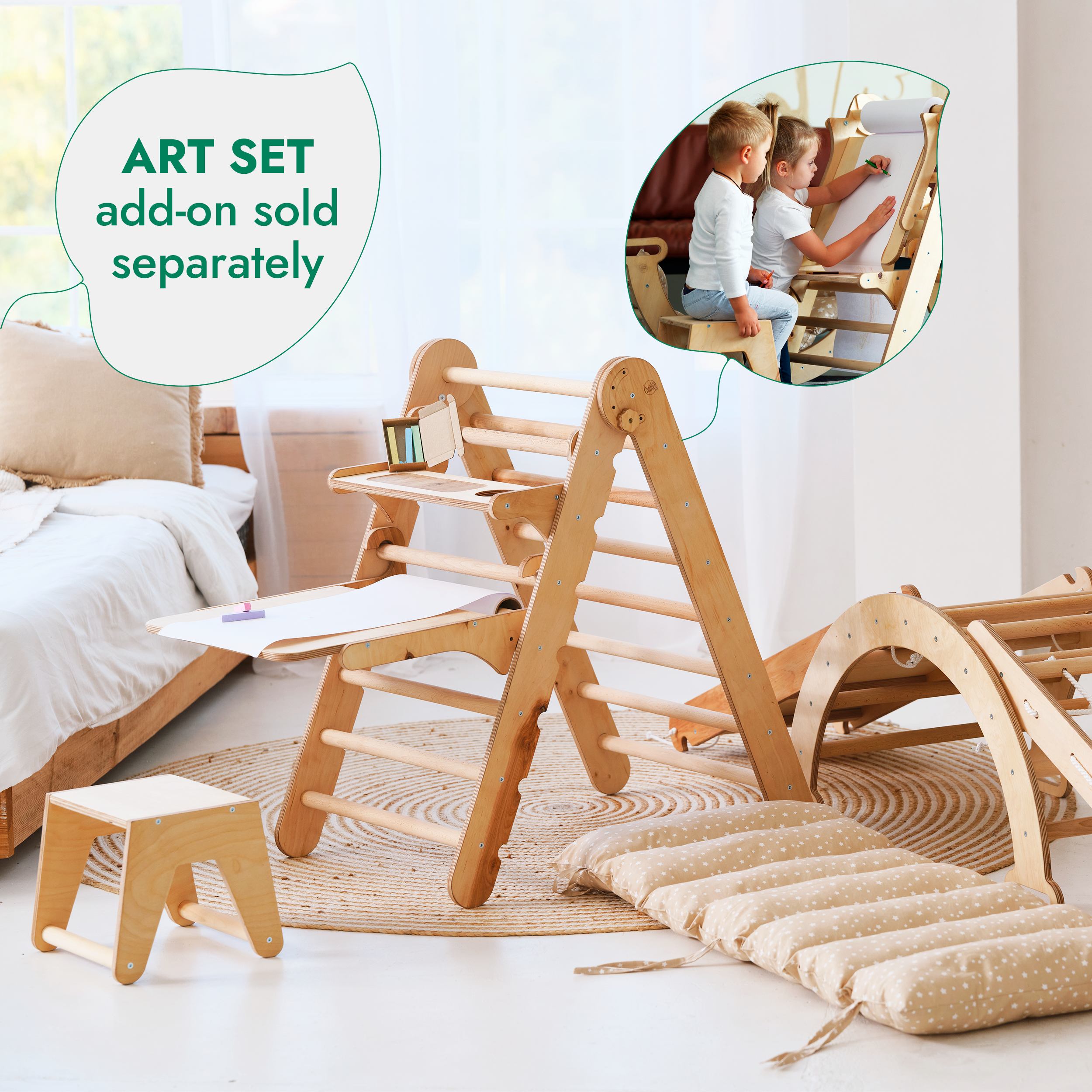 5in1 Montessori Climbing Frame: Pikler Triangle + Arch/Rocker + Slide Board/Ramp + Netting rope + Cushion - TARHUS