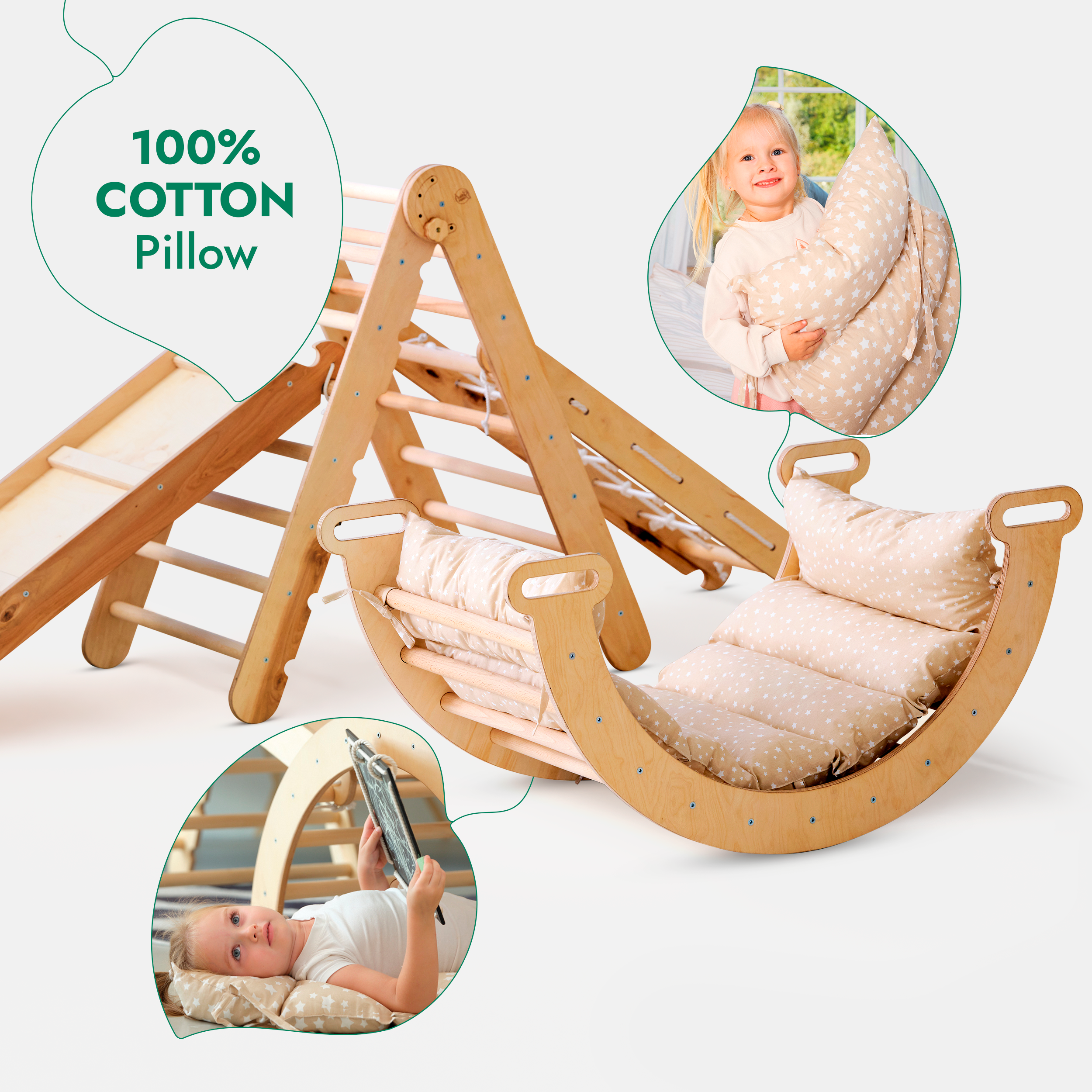 5in1 Montessori Climbing Frame: Pikler Triangle + Arch/Rocker + Slide Board/Ramp + Netting rope + Cushion - TARHUS