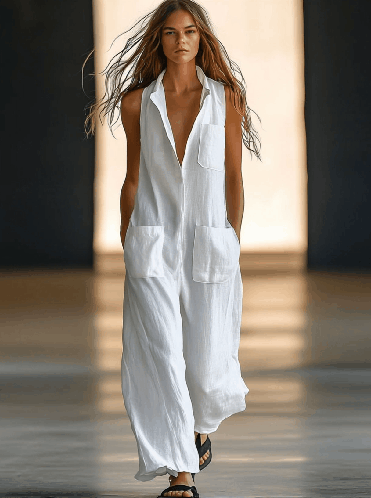 Casual Retro White Linen Sleeveless Jumpsuit - TARHUS
