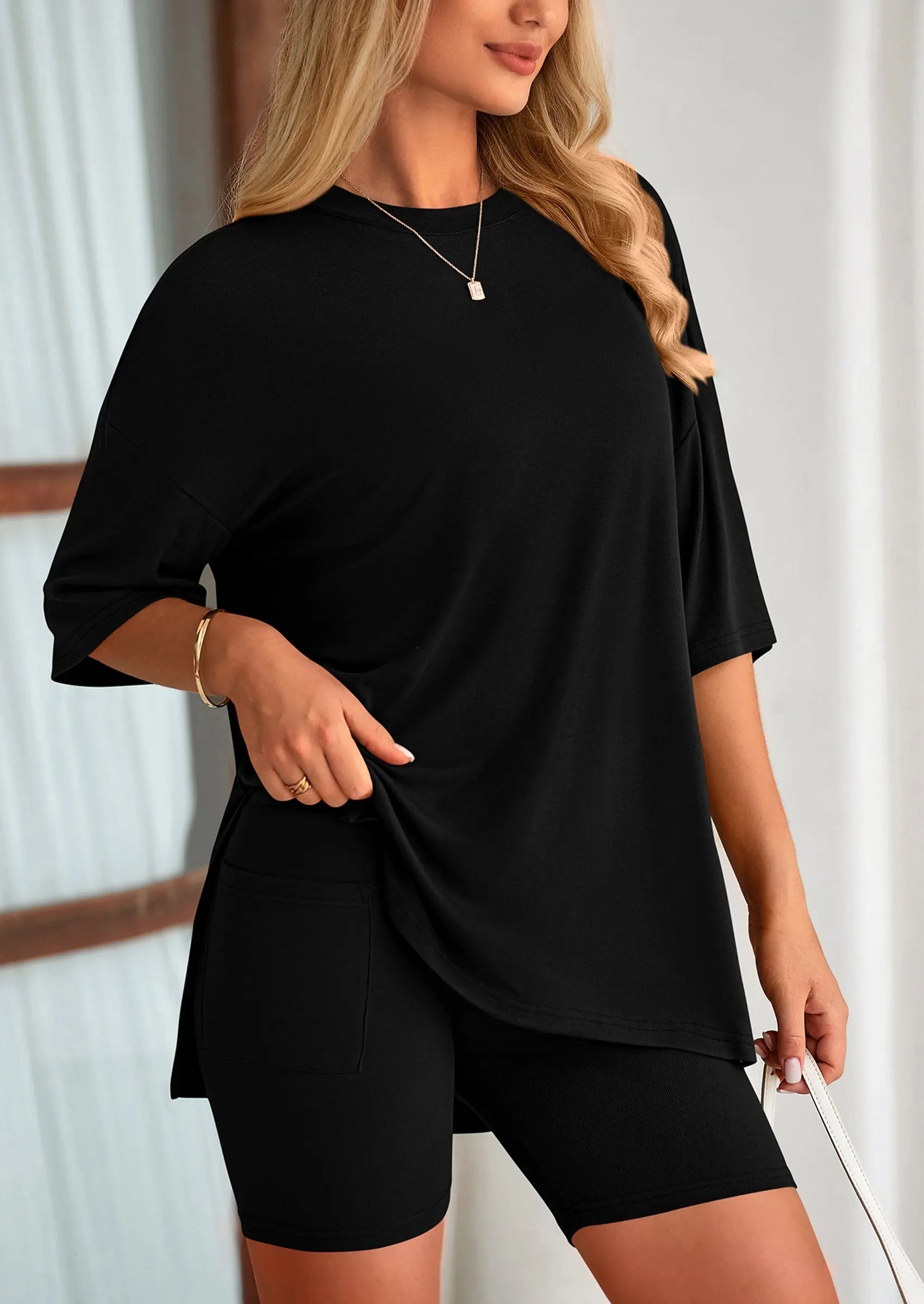 Casual Short Sleeved Round Neck Top Paired With Shorts Two-Piece Set - TARHUS