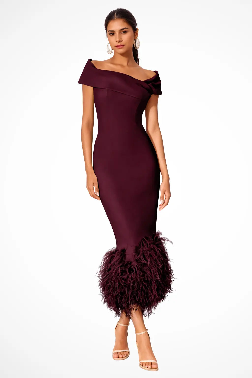 Verity | Women Off Shoulder Fitted Feather Hem Midi Wedding Guest Dress TARHUS Mother of the Bride Dresses