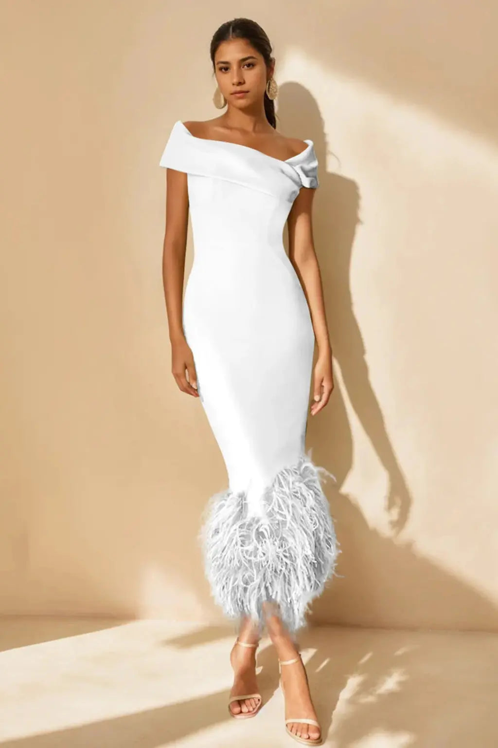 Verity | Women Off Shoulder Fitted Feather Hem Midi Wedding Guest Dress TARHUS Mother of the Bride Dresses