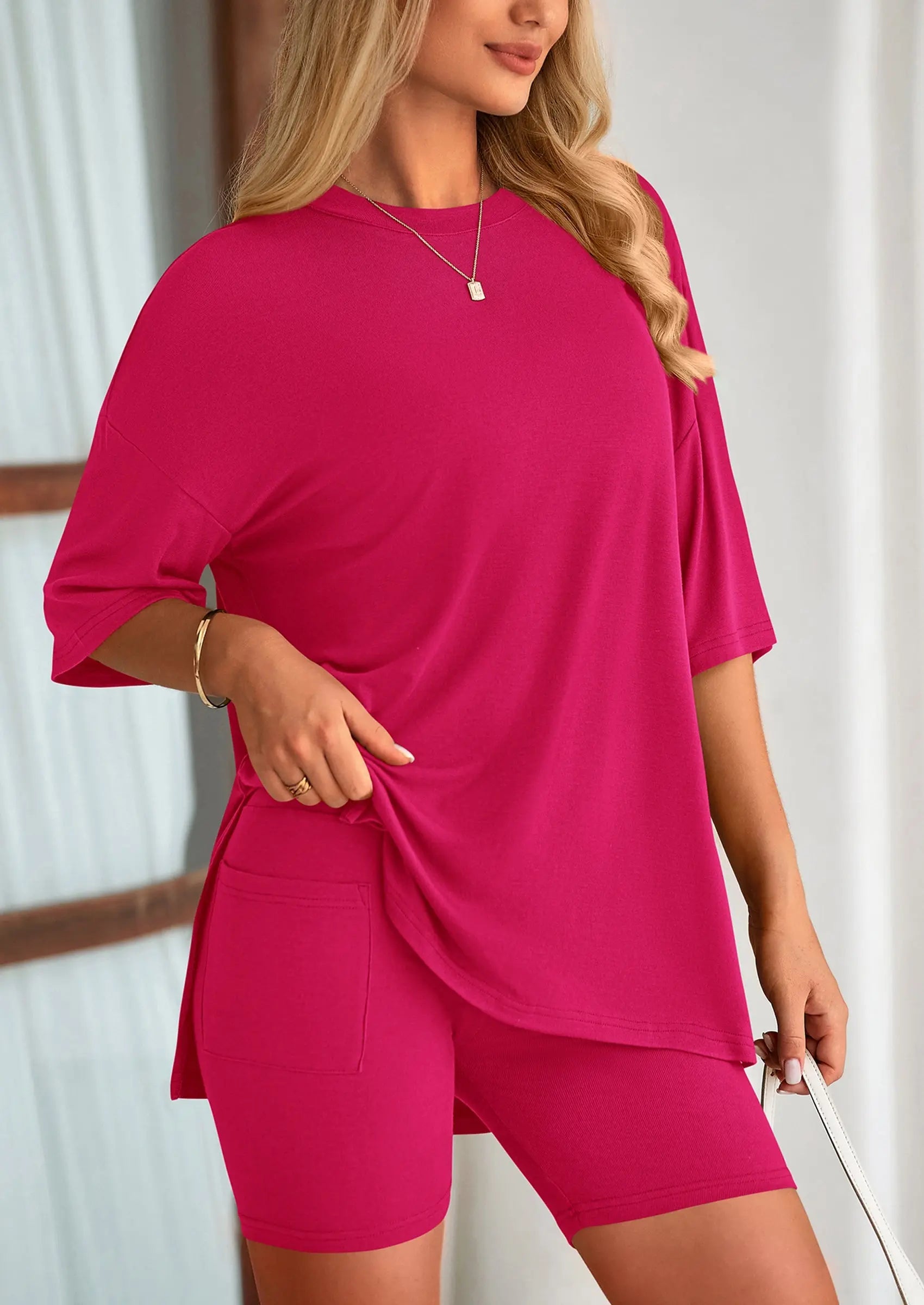 Casual Short Sleeved Round Neck Top Paired With Shorts Two-Piece Set - TARHUS