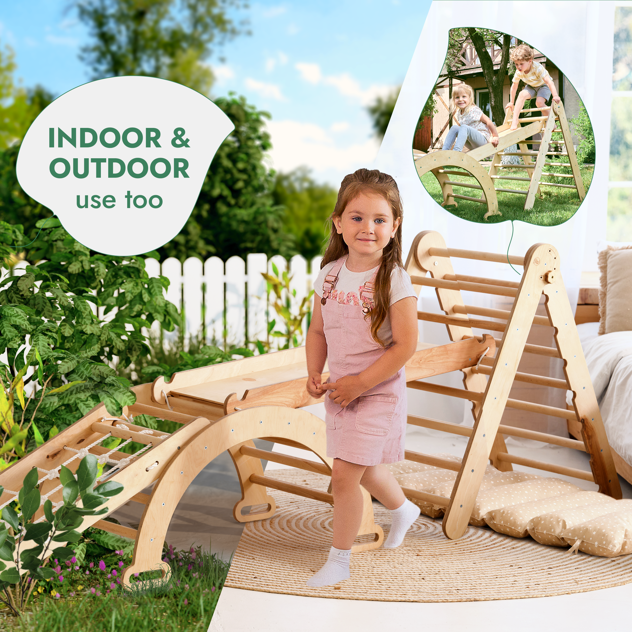 5in1 Montessori Climbing Frame: Pikler Triangle + Arch/Rocker + Slide Board/Ramp + Netting rope + Cushion - TARHUS