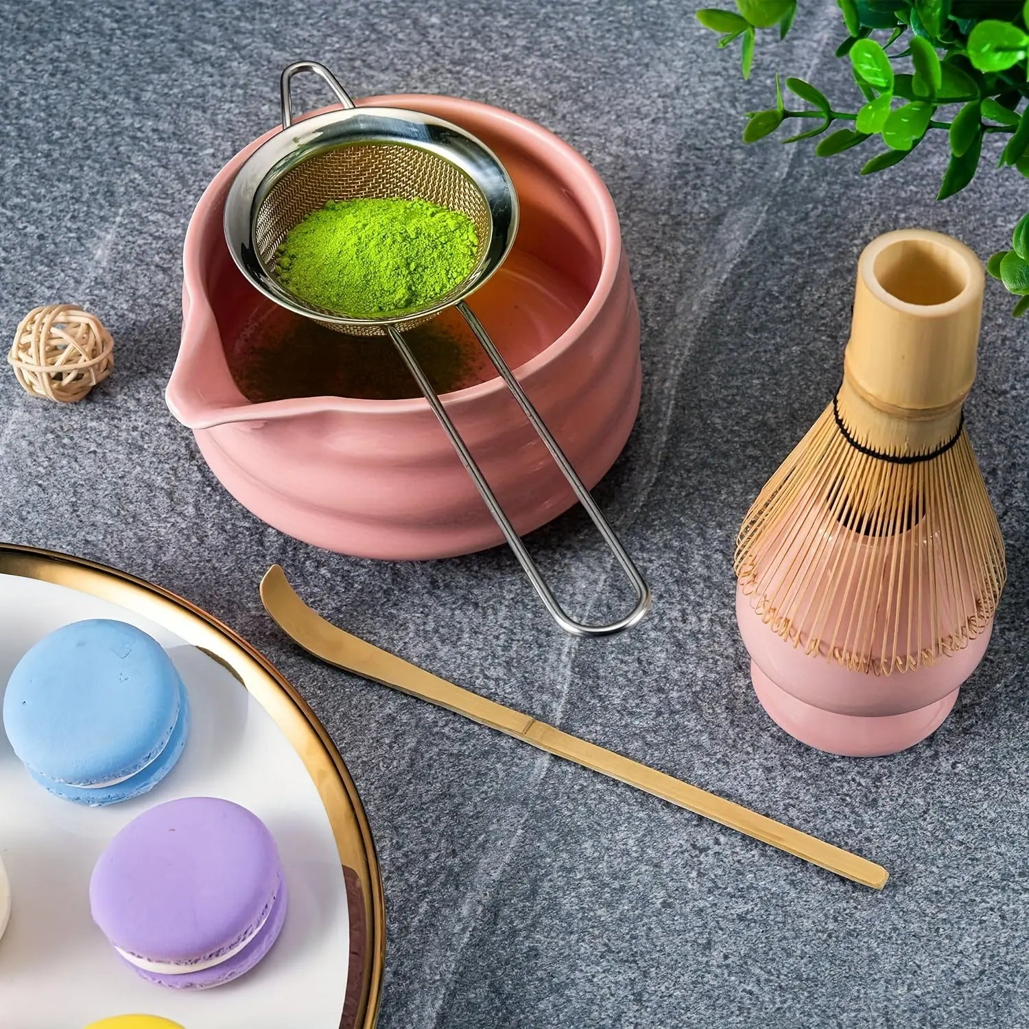 5pc Matcha Set – Ceramic Bowl, Bamboo Whisk, Gold Scoop & Sieve - TARHUS