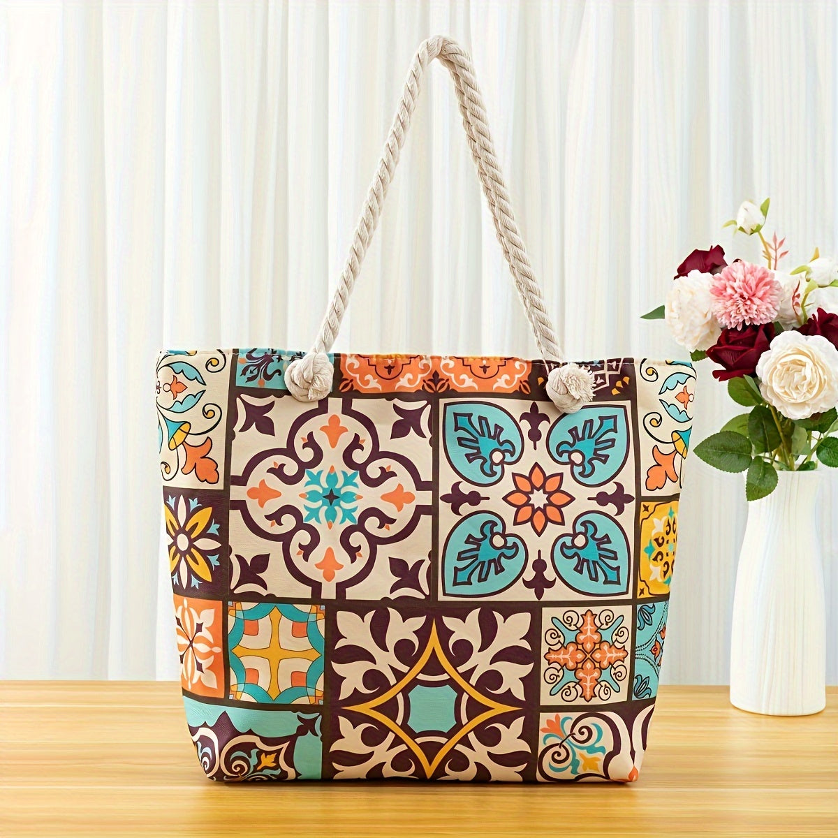 Stylish Blue Mandala Print Tote Bag for Women - Casual Shoulder Bag with Rope Handles, Vibrant Floral Patterns, Zip Closure, Perfect for Vacation Or Everyday Use, Vacation Tote Bag | Trendy Women'S Bag | Woven Texture, Novelty Purse TARHUS