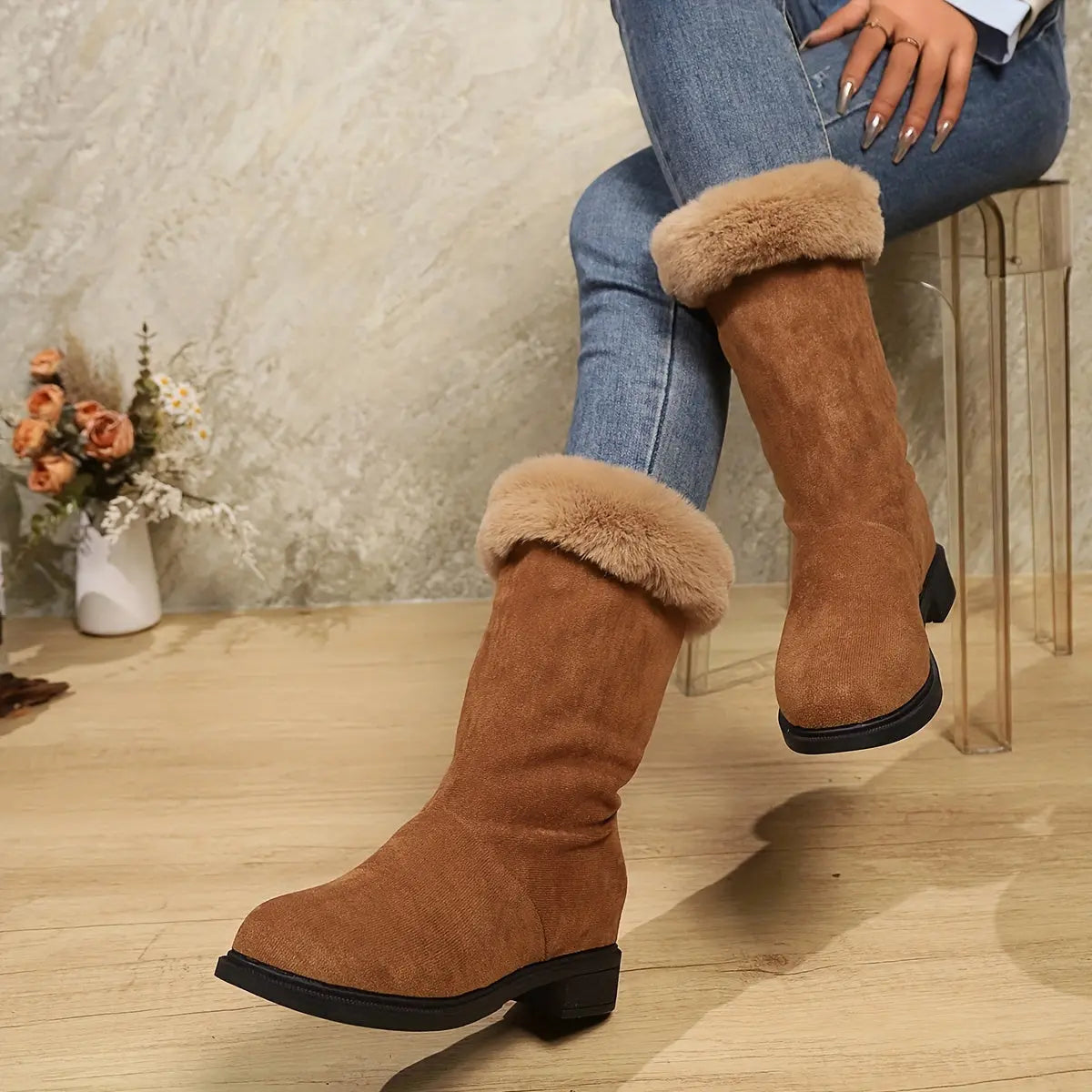 Mid-Calf Winter Booties for Women – Soft Plush Slip-On Snow Boots with Platform Heel | Warm Indoor Outdoor Cold Weather Fashion - TARHUS