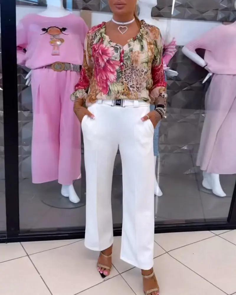 Selina | Floral Print V-Neck Blouse – Long Sleeve Cotton Blend Shirt Top for Women TARHUS Blouses & Shirts