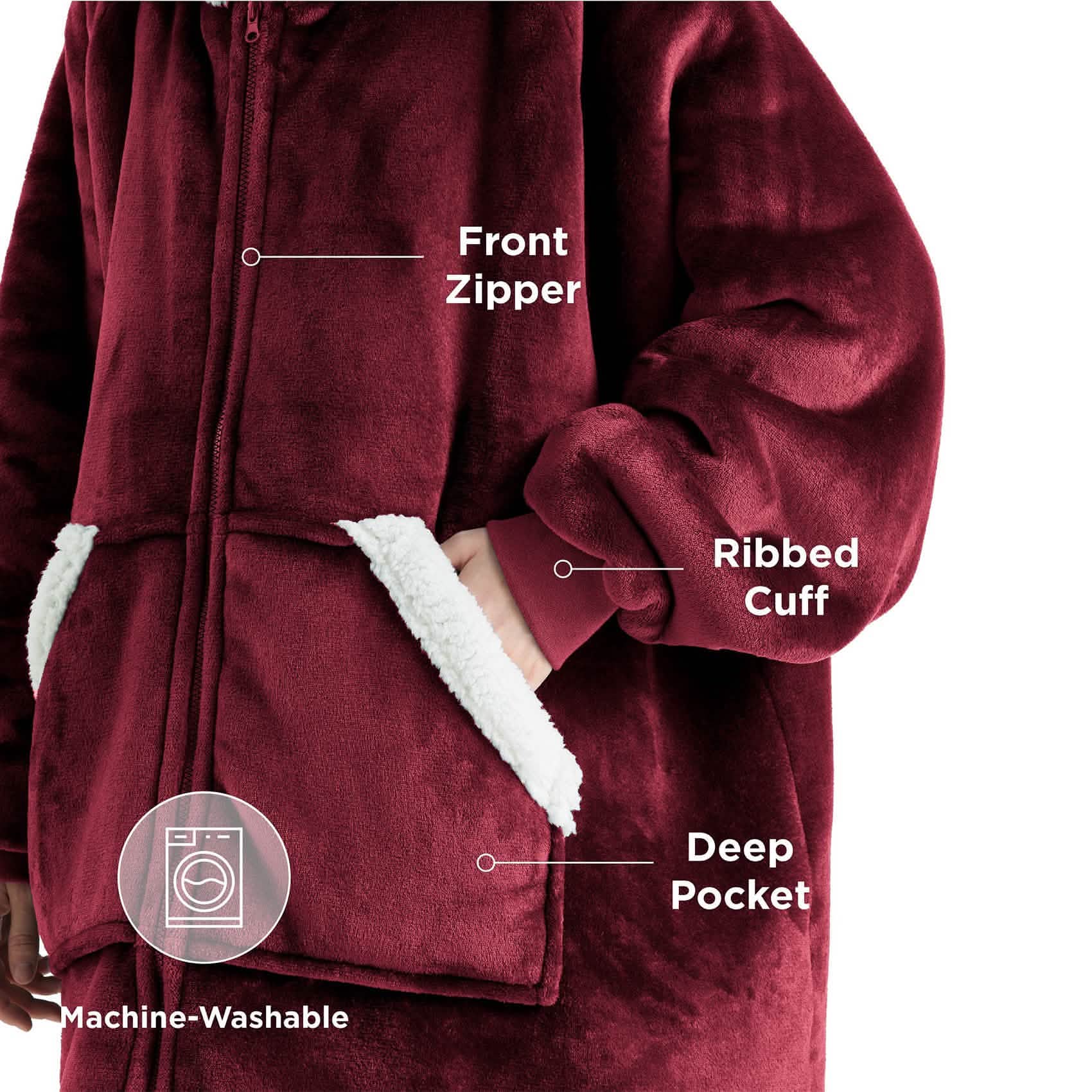 Sherpa Fleece Zippered Short Wearable Blanket Hoodie - TARHUS