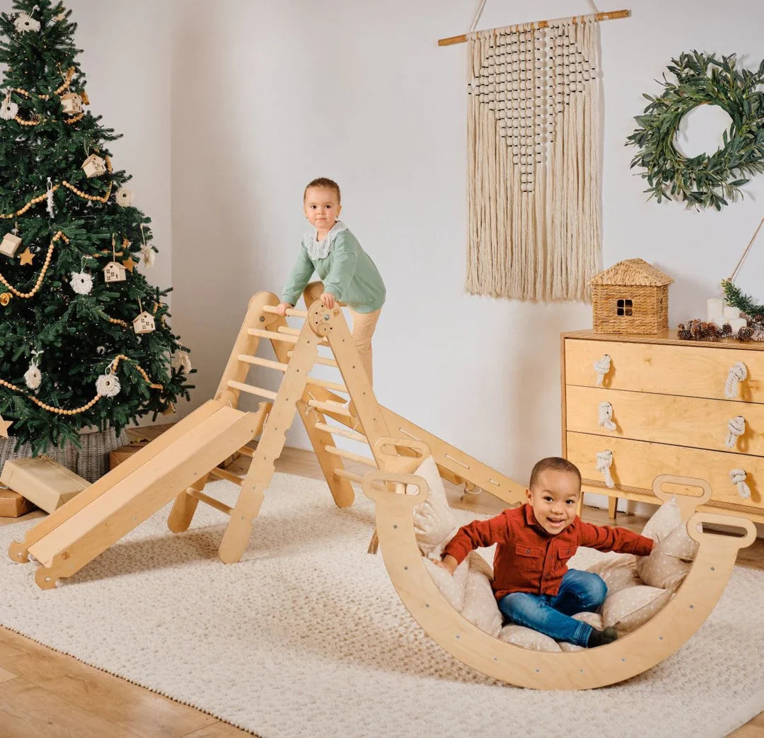 5in1 Montessori Climbing Frame: Pikler Triangle + Arch/Rocker + Slide Board/Ramp + Netting rope + Cushion - TARHUS