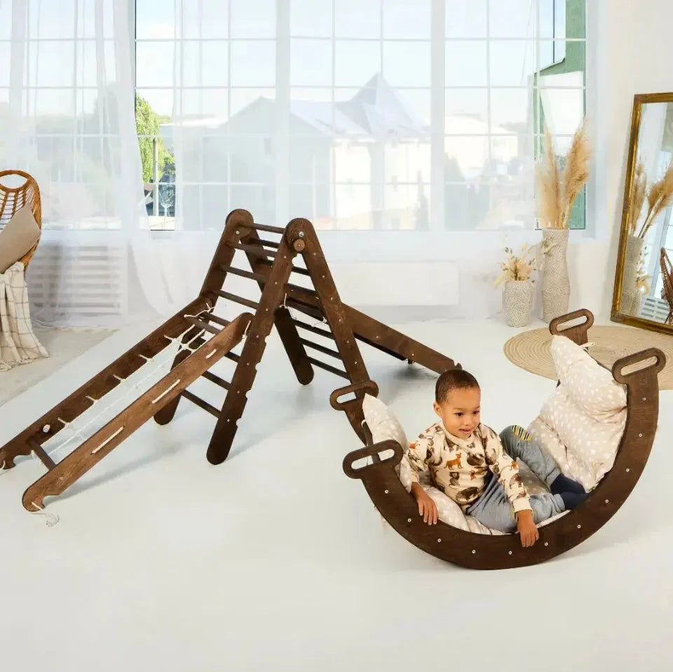 5in1 Montessori Climbing Frame: Pikler Triangle + Arch/Rocker + Slide Board/Ramp + Netting rope + Cushion - TARHUS