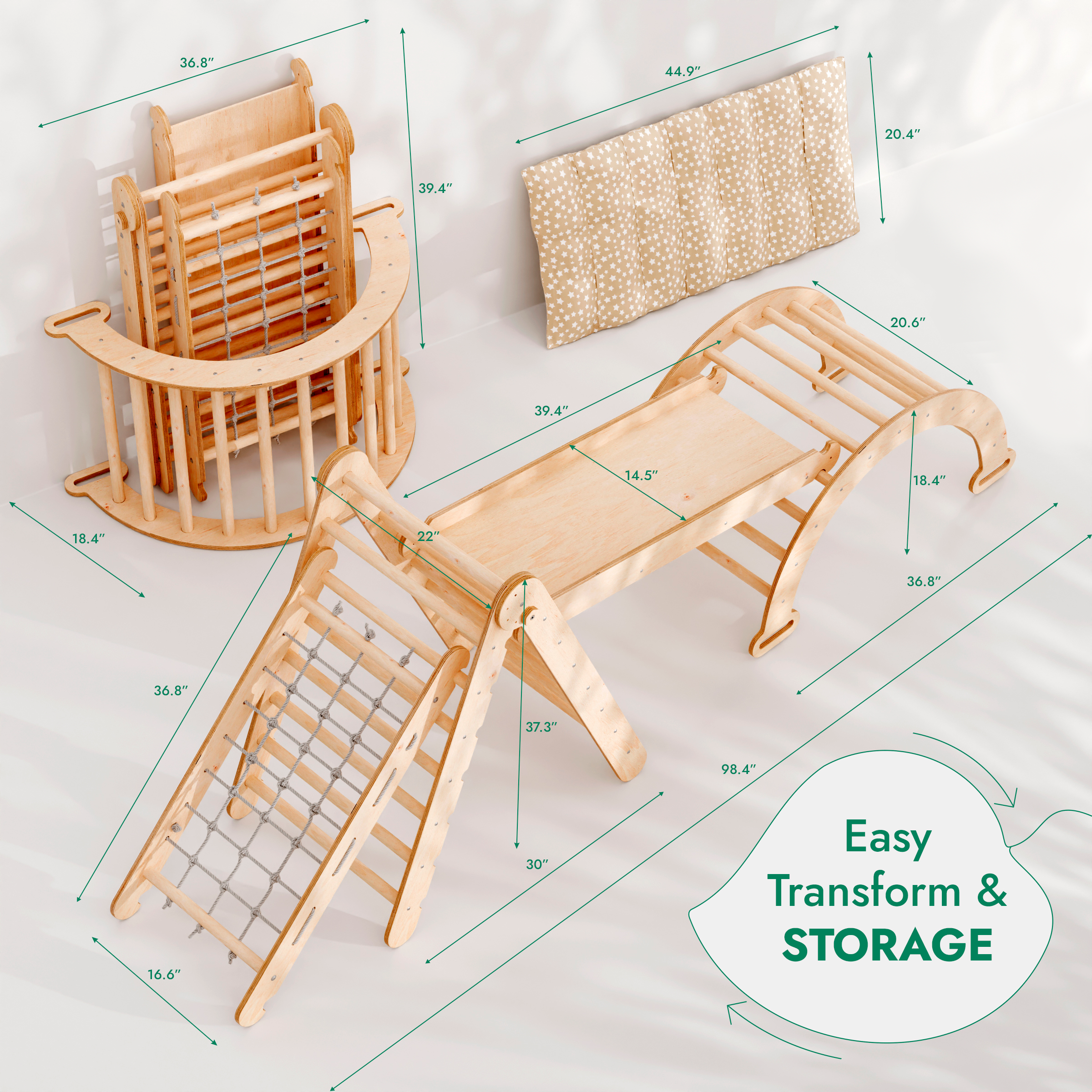 5in1 Montessori Climbing Frame: Pikler Triangle + Arch/Rocker + Slide Board/Ramp + Netting rope + Cushion - TARHUS