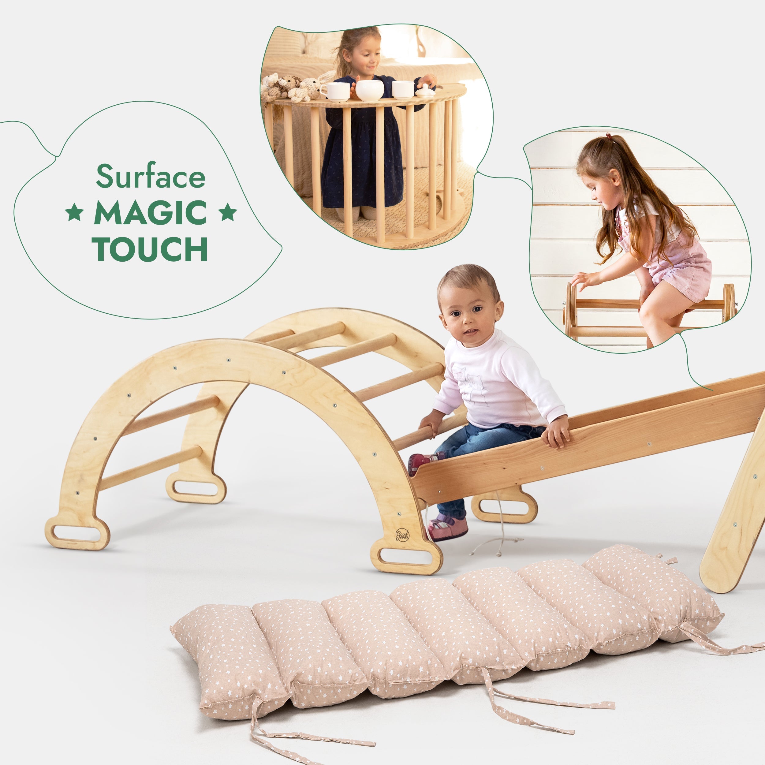 5in1 Montessori Climbing Frame: Pikler Triangle + Arch/Rocker + Slide Board/Ramp + Netting rope + Cushion - TARHUS
