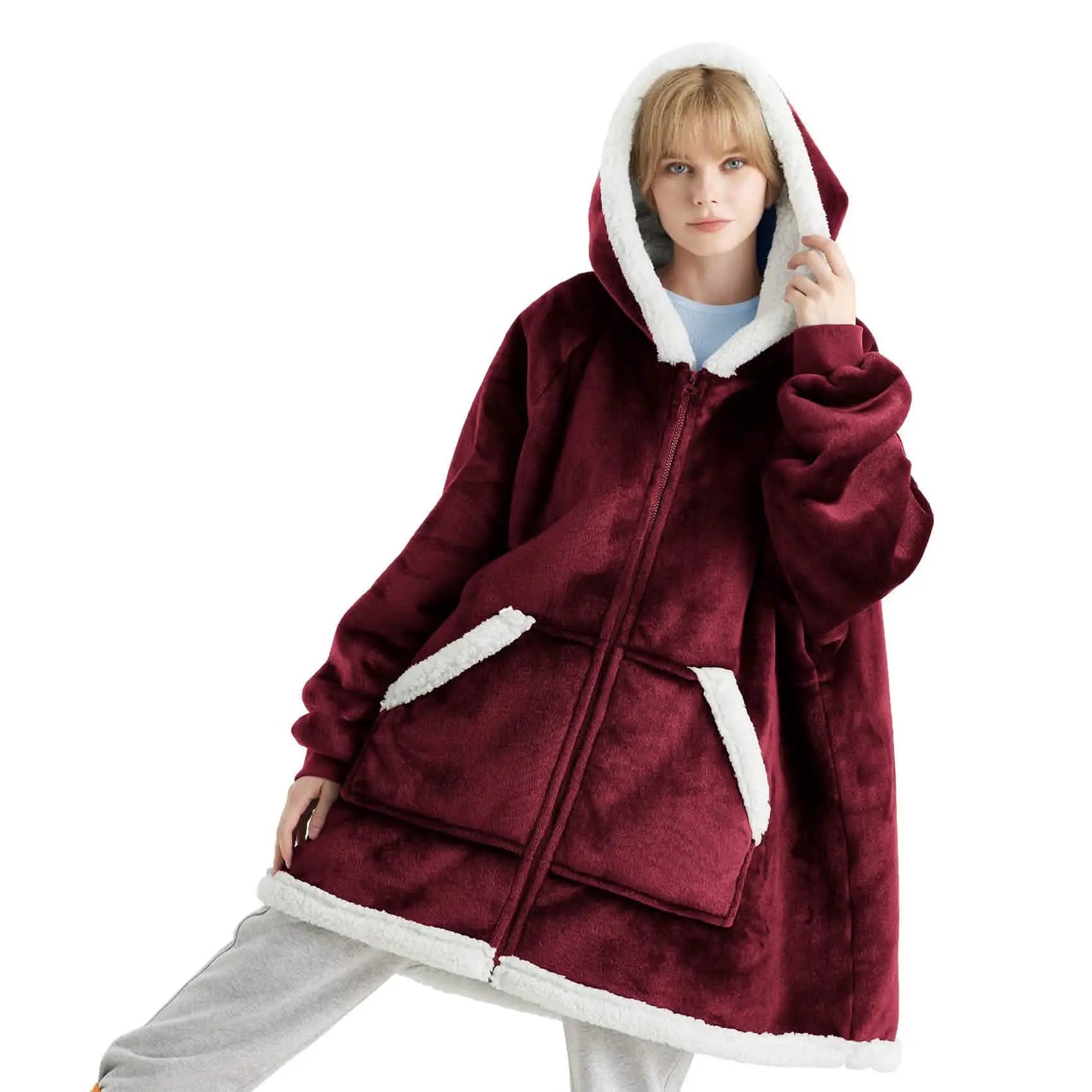 Sherpa Fleece Zippered Short Wearable Blanket Hoodie - TARHUS