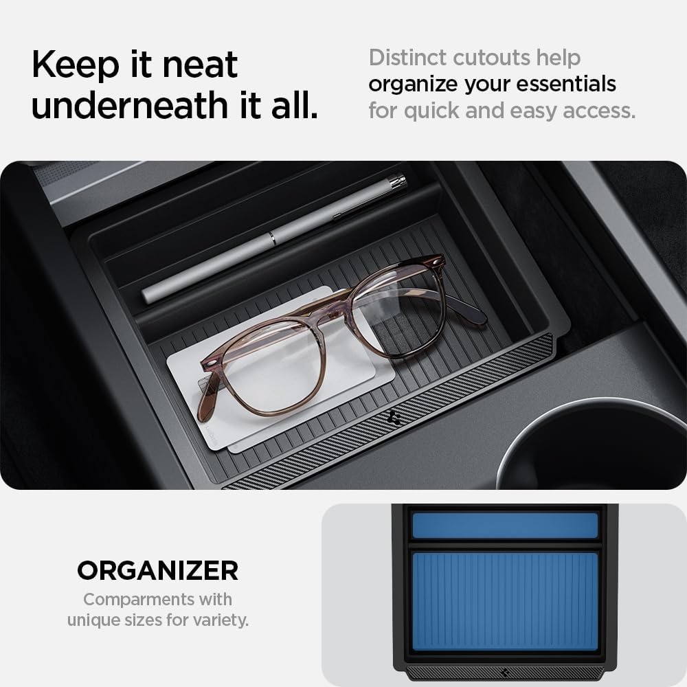 Spigen One-Tap Hidden Storage Box – Carbon Edition Console Organizer for Tesla Model Y (2025/2026 Juniper) & Model 3 (2024/2025 Highland) - TARHUS