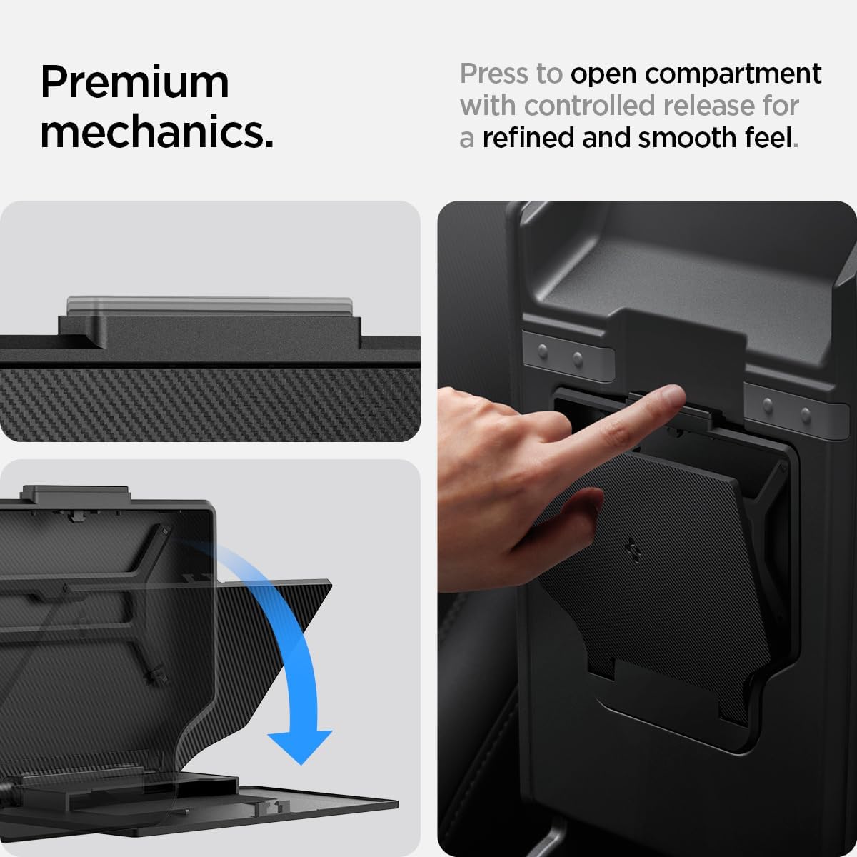 Spigen One-Tap Hidden Storage Box – Carbon Edition Console Organizer for Tesla Model Y (2025/2026 Juniper) & Model 3 (2024/2025 Highland) - TARHUS