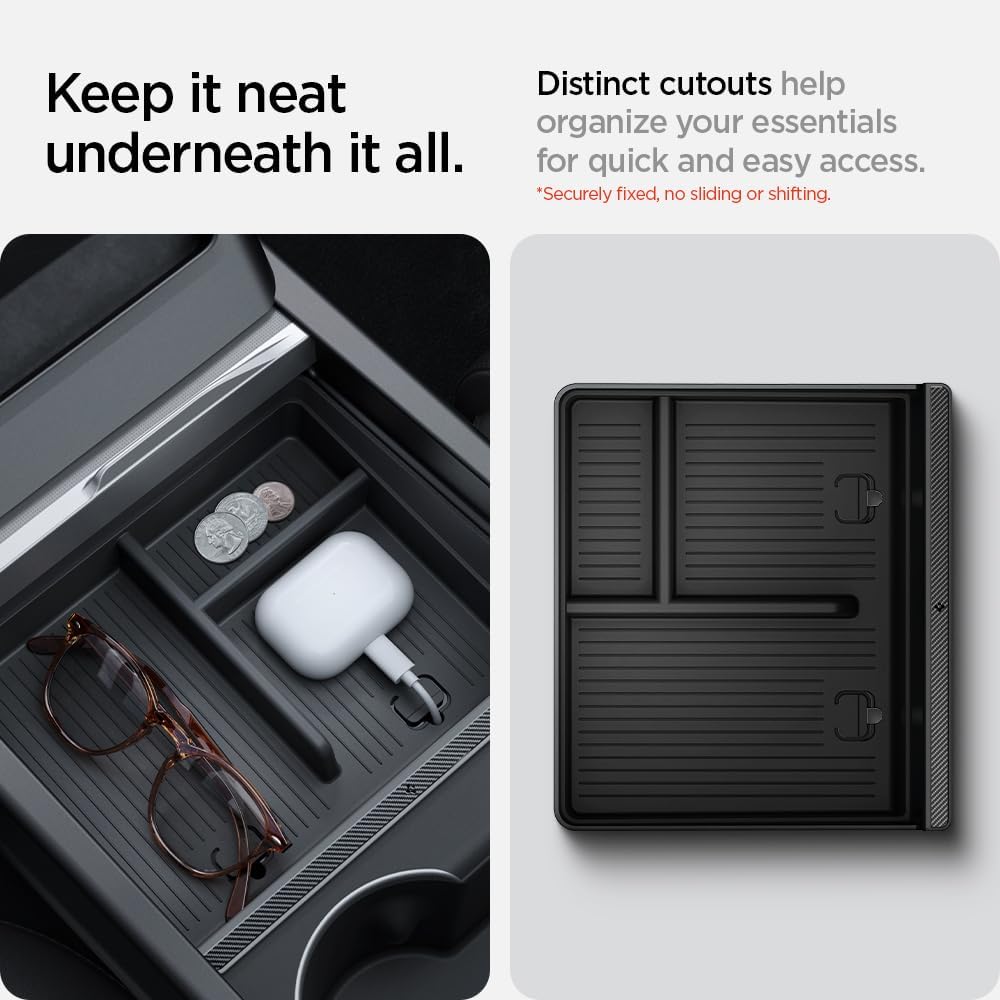 Spigen One-Tap Hidden Storage Box – Carbon Edition Console Organizer for Tesla Model Y (2025/2026 Juniper) & Model 3 (2024/2025 Highland) - TARHUS
