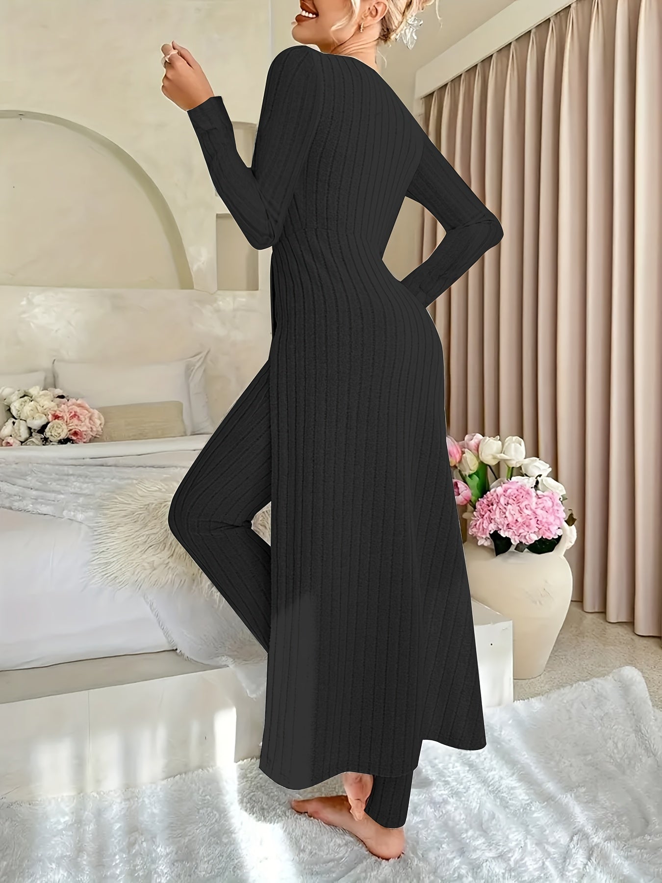 Women's Ribbed Lounge Set – Long Sleeve Top & Pants Two-Piece Outfit - TARHUS