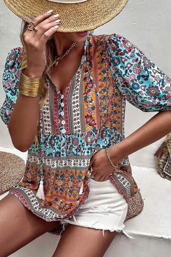 Bohemian Floral Short Sleeve Casual Tops - TARHUS
