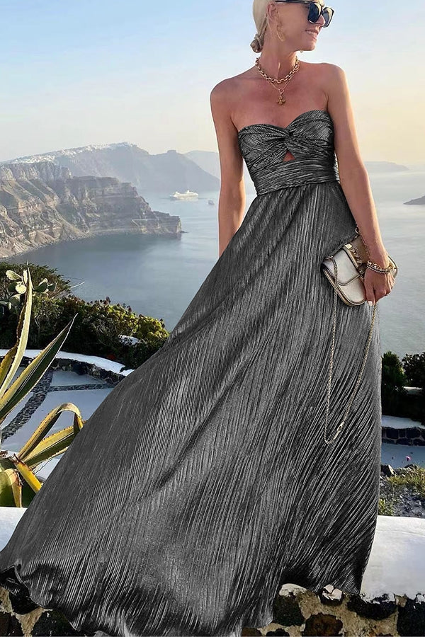 Elegant Strapless A-Line Evening Gown with Pleated Metallic Design TARHUS Maxi Dresses (Women)