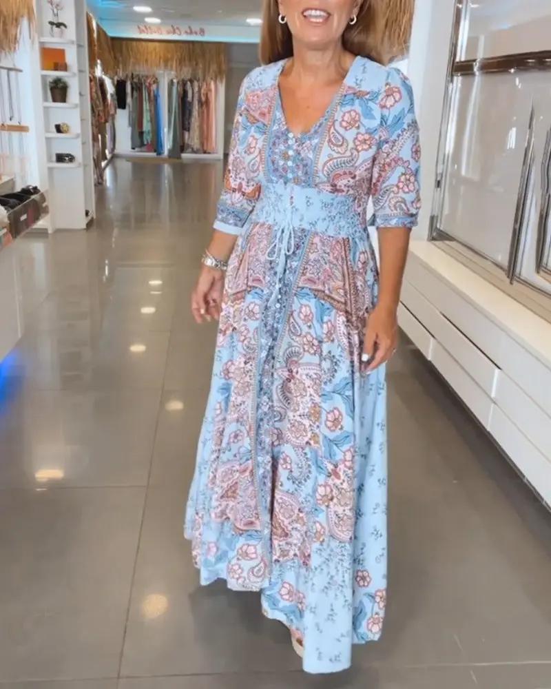 Boho V-Neck Maxi Dress for Women – Floral Holiday Dress with 3/4 Sleeves - TARHUS