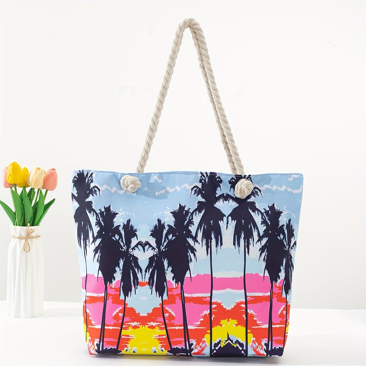 Stylish Blue Mandala Print Tote Bag for Women - Casual Shoulder Bag with Rope Handles, Vibrant Floral Patterns, Zip Closure, Perfect for Vacation Or Everyday Use, Vacation Tote Bag | Trendy Women'S Bag | Woven Texture, Novelty Purse TARHUS
