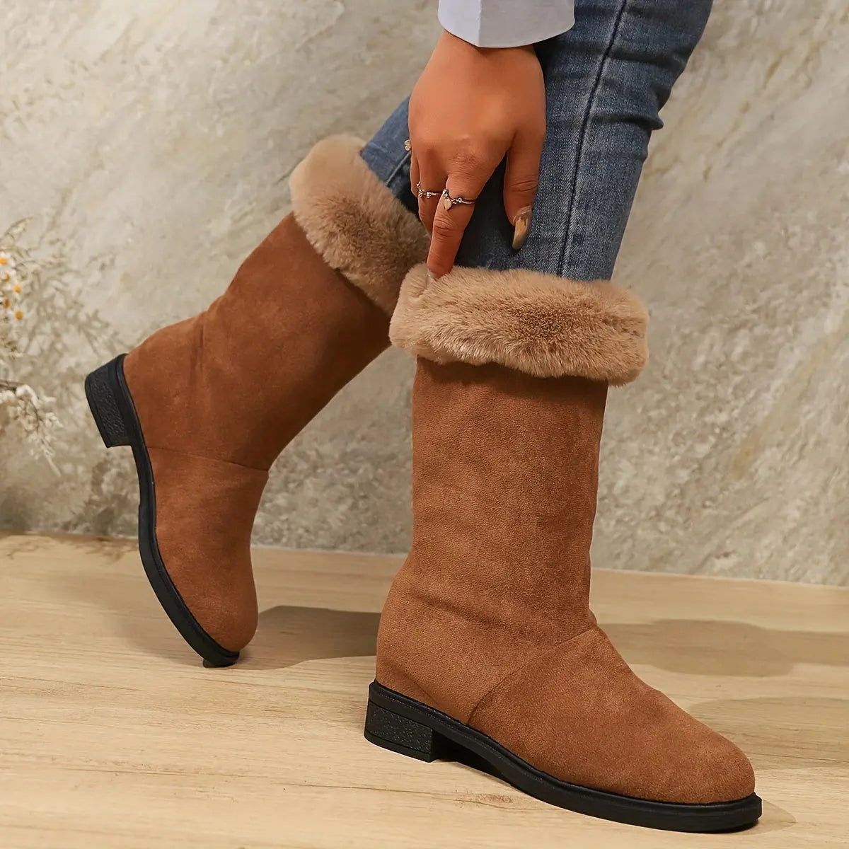 Mid-Calf Winter Booties for Women – Soft Plush Slip-On Snow Boots with Platform Heel | Warm Indoor Outdoor Cold Weather Fashion - TARHUS