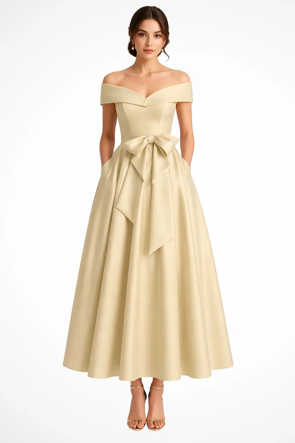 Arabella | Women Off Shoulder Bow Waist A Line Midi Wedding Guest Dress TARHUS Mother of the Bride Dresses