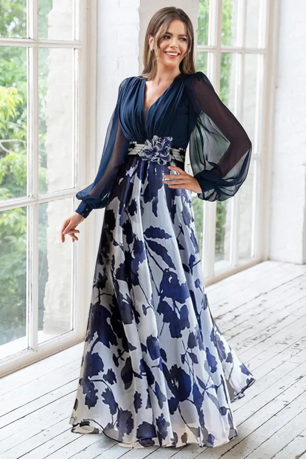 Valentina | Women V Neck Balloon Sleeve Floral Print Maxi Wedding Guest Dress TARHUS Mother of the Bride Dresses