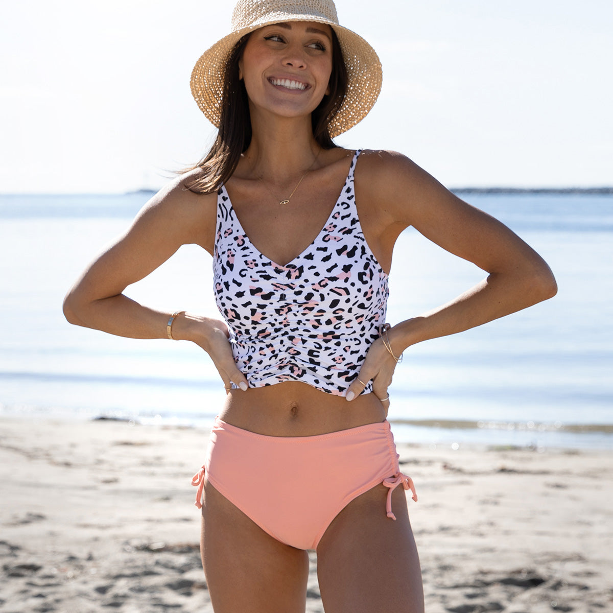 Animal Print V Neck Drawstring Side Bikini Set - TARHUS