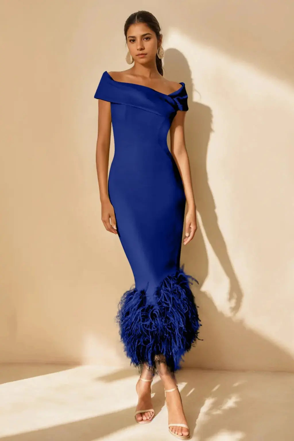 Verity | Women Off Shoulder Fitted Feather Hem Midi Wedding Guest Dress TARHUS Mother of the Bride Dresses