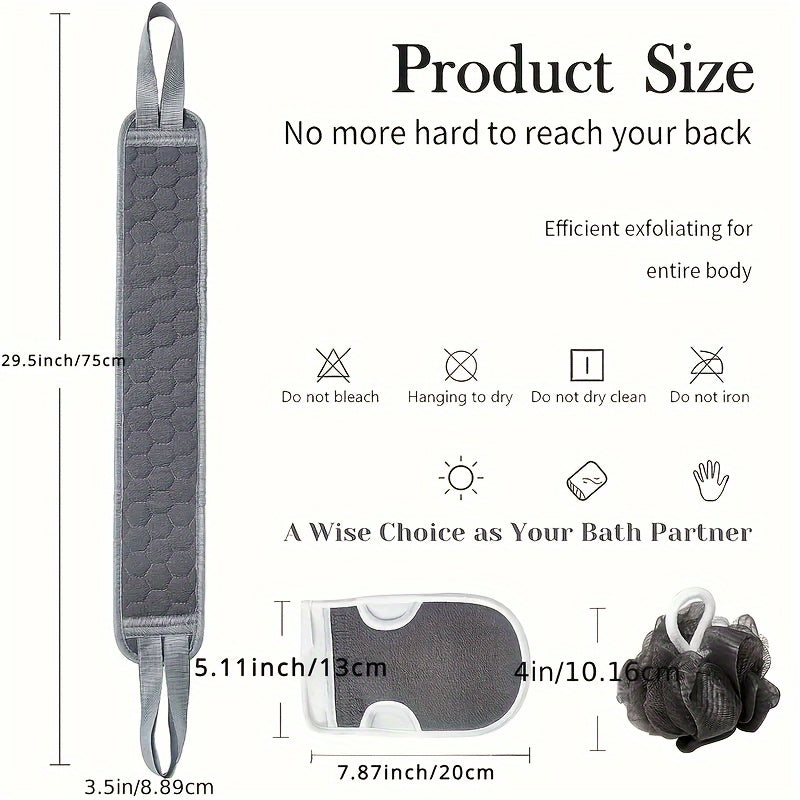 3-in-1 Exfoliating Shower Kit – Back Scrubber, Body Glove & Shower Pouf