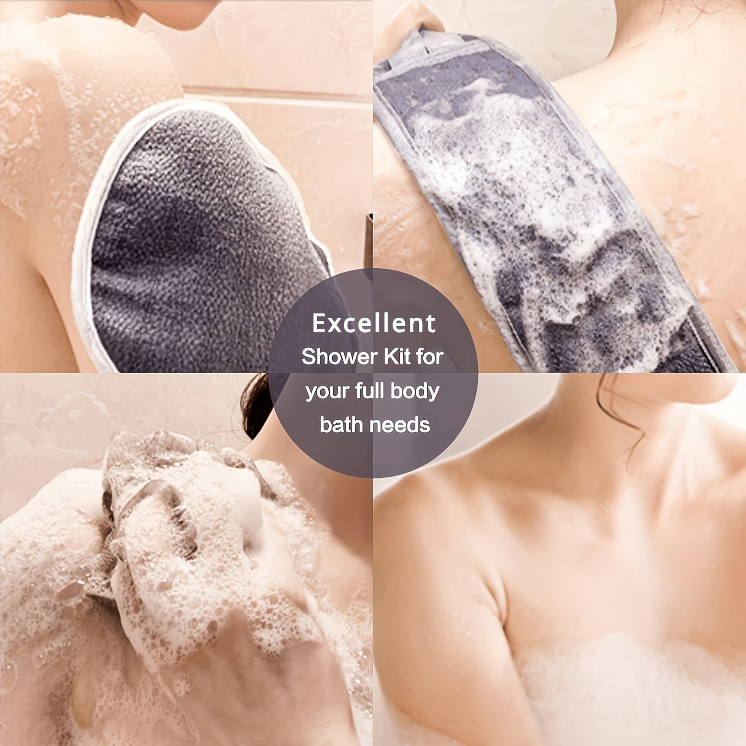 3-in-1 Exfoliating Shower Kit – Back Scrubber, Body Glove & Shower Pouf