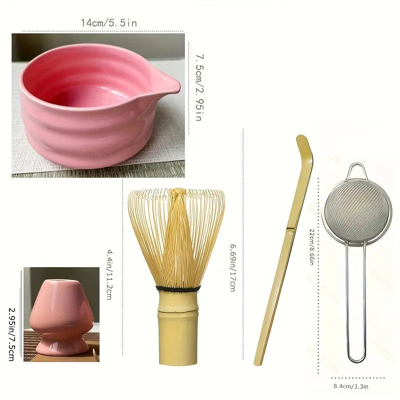 5pc Matcha Set – Ceramic Bowl, Bamboo Whisk, Gold Scoop & Sieve - TARHUS