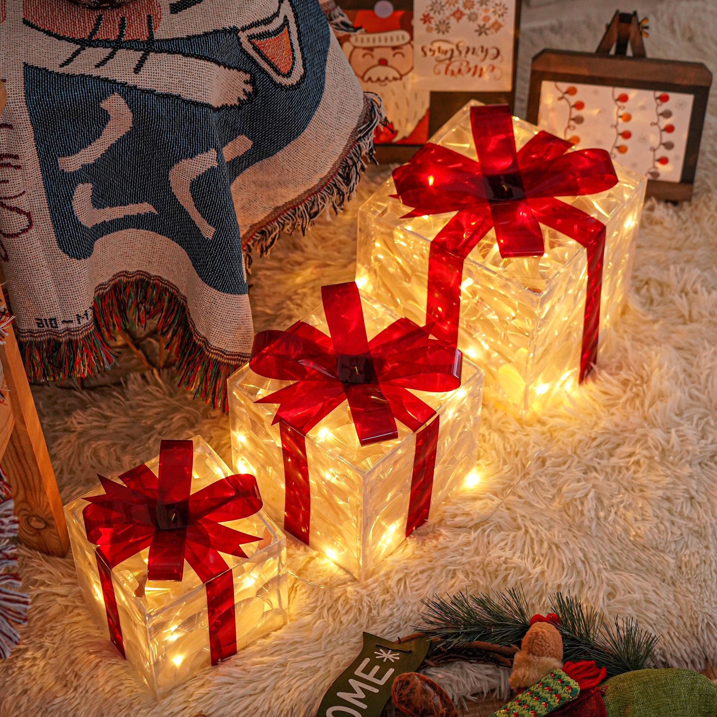 Set of 3 Lighted Christmas Gift Boxes – Warm White LED Presents with Red Bows TARHUS