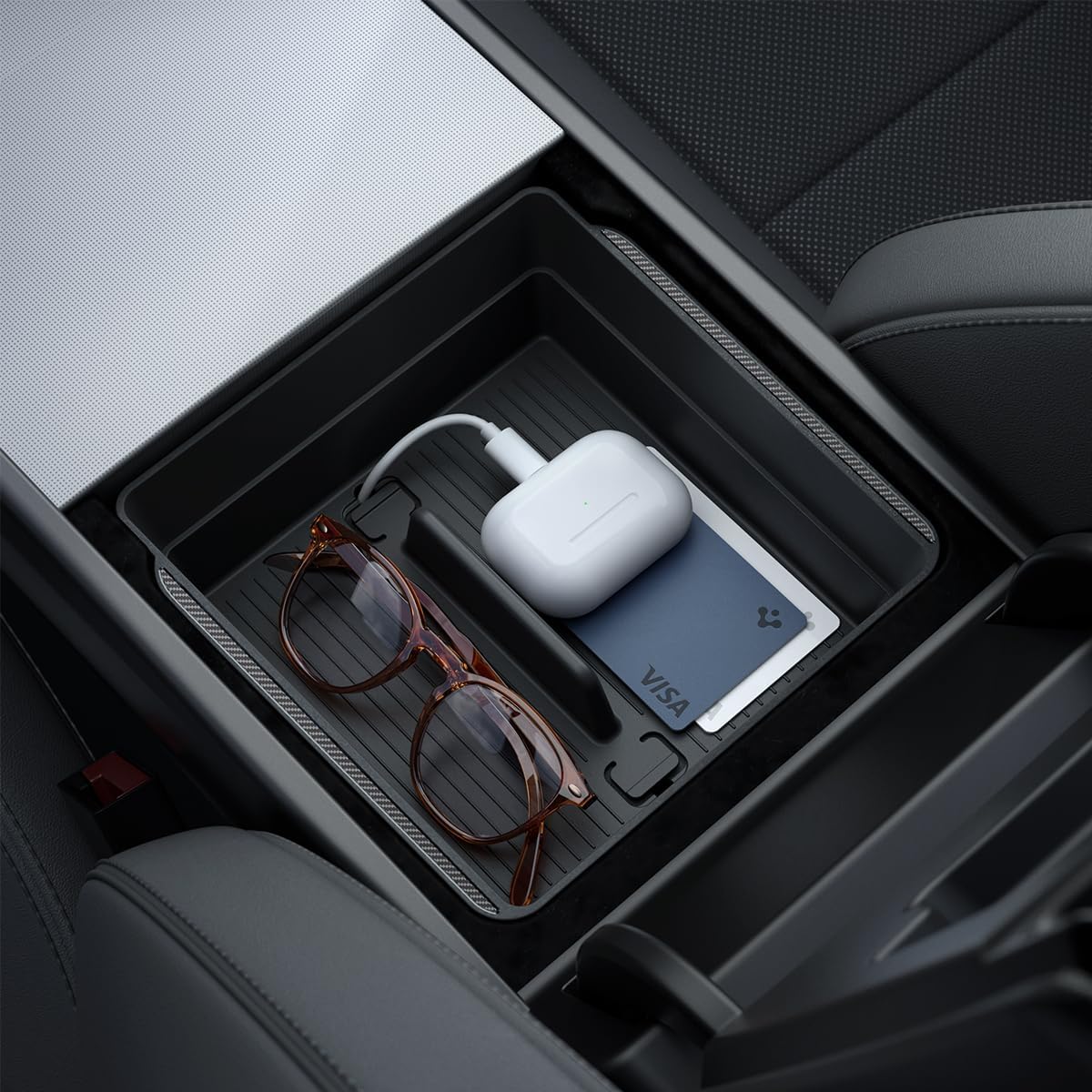 Spigen One-Tap Hidden Storage Box – Carbon Edition Console Organizer for Tesla Model Y (2025/2026 Juniper) & Model 3 (2024/2025 Highland) - TARHUS